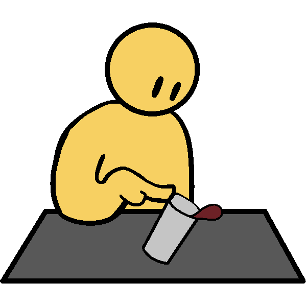 A yellow person looking as they tip over a glass of red liquid with their finger.